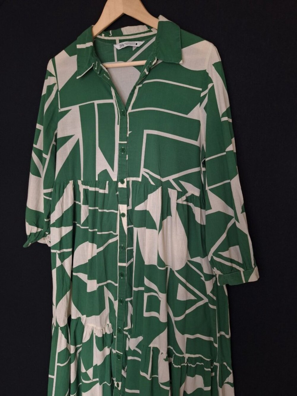 💙 Zara Green Geometric Tiered Midi Shirt Dress Size XL Cotton Button Front Over - Picture 2 of 8